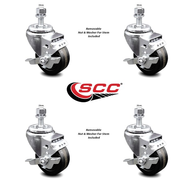 Service Caster 3.5 Inch Phenolic Wheel Swivel 12mm Threaded Stem Caster Set with Brake SCC SCC-TS20S3514-PHR-TLB-M1215-4 - main